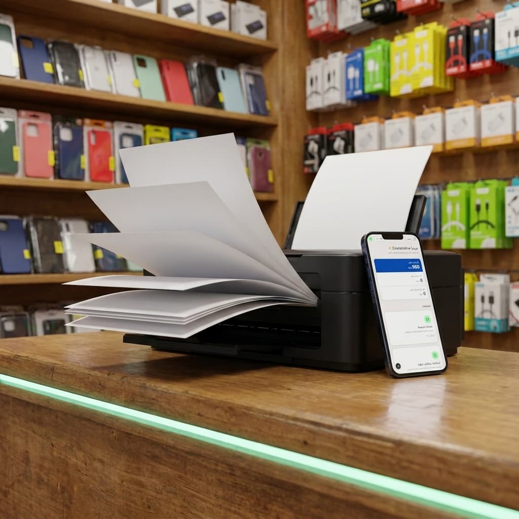 طابعة تطبع خدمات دوكاتيك في محل هواتف